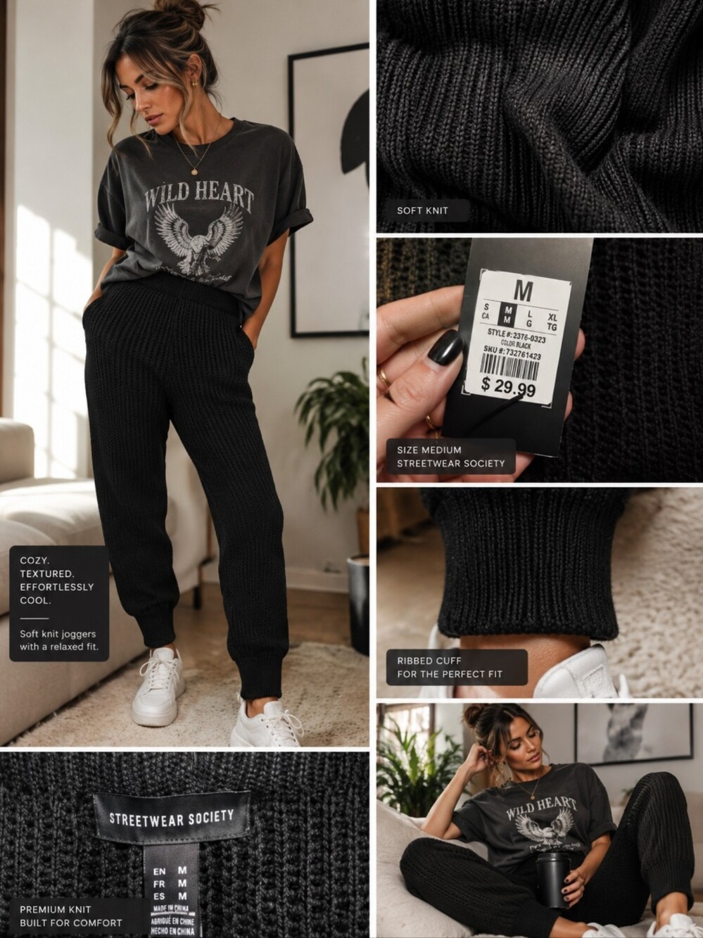 Streetwear Society Black Ribbed Knit Lounge Joggers